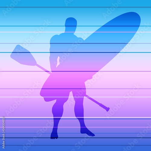 Man posing with surfboard and paddle. Vintage surfing graphic and emblem. Stand up paddle boarding