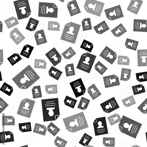 Black Resume icon isolated seamless pattern on white background. CV application. Searching professional staff. Analyzing personnel resume. Vector.