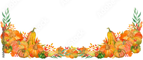 Watercolor autumn border for thanksgiving day and harvest festival with pumpkins, plants, leaves and berries