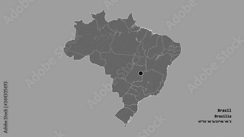 Minas Gerais, state of Brazil, with its capital, localized, outlined and zoomed with informative overlays on a bilevel map in the Stereographic projection. Animation 3D