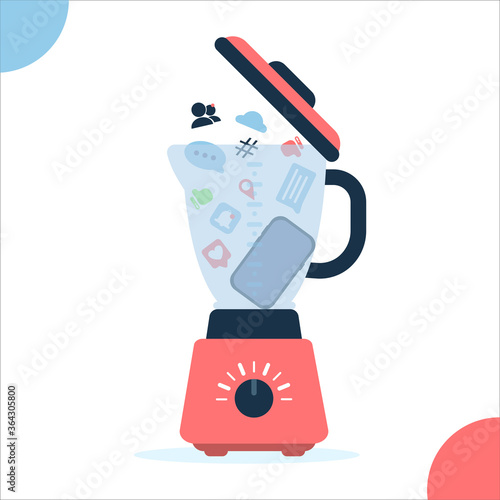Vector concept of digital detox. Recycling digital addiction in people. A blender in which all the dependencies will be thrown. Flat style. It can be used on websites, web banners and smartphones.