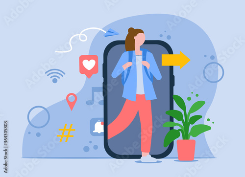 Vector concept of digital detox. A woman escapes from digital addiction to the real world. Modern lifestyle. A man exits from the screen of a mobile phone. Can be used for sites and banners. EPS 10.