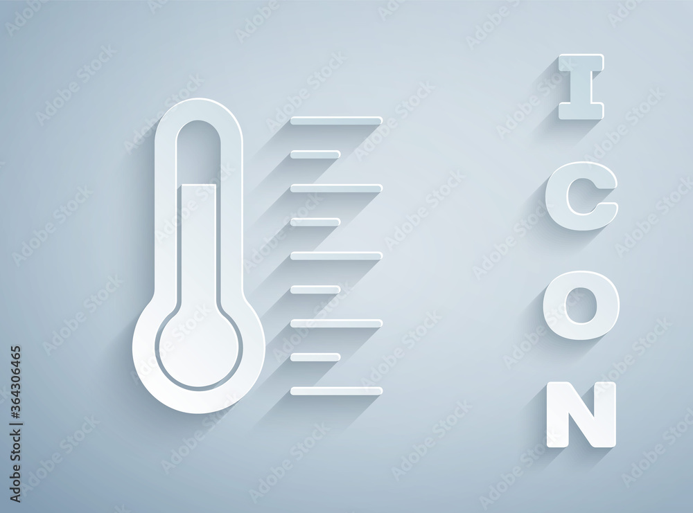 Paper cut Meteorology thermometer measuring icon isolated on grey background. Thermometer equipment showing hot or cold weather. Paper art style. Vector. Paper cut Meteorology thermometer measuring icon isolated on grey background. Thermometer equipment showing hot or cold weather. Paper art style. Vector.