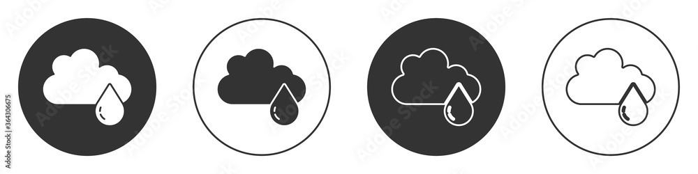 Black Cloud with rain icon isolated on white background. Rain cloud precipitation with rain drops. Circle button. Vector. Black Cloud with rain icon isolated on white background. Rain cloud precipitation with rain drops. Circle button. Vector.