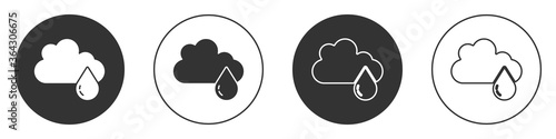 Black Cloud with rain icon isolated on white background. Rain cloud precipitation with rain drops. Circle button. Vector.