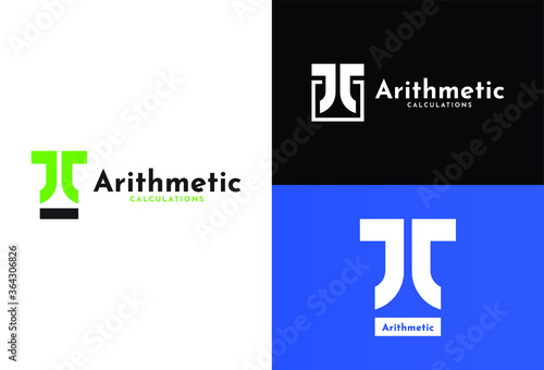 Calculation website logo template.Accounting.Letter j and bar are used.Pi symbol.Elegant icon.White,green.black and blue colors.Geometric.Mathematics.Clean,simple and modern.