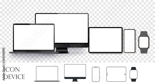 Set realistic devices. Devices and Electronics related line icons. Device size screen, realistic set gadget display template, computer desktop, smartphone, tablet and smartwatch. Vector illustration
