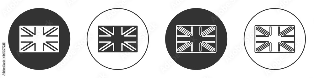 Black Flag of Great Britain icon isolated on white background. UK flag sign. Official United Kingdom flag. British symbol. Circle button. Vector. Black Flag of Great Britain icon isolated on white background. UK flag sign. Official United Kingdom flag. British symbol. Circle button. Vector.