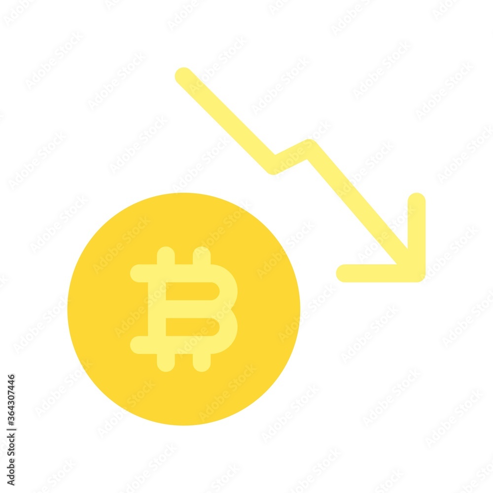 Bitcoin price fall icon illustration in flat design style. Cryptocurrency decrease sign.