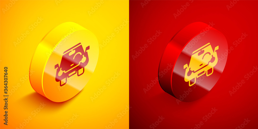 Isometric Car icon isolated on orange and red background. Front view. Circle button. Vector. Isometric Car icon isolated on orange and red background. Front view. Circle button. Vector.