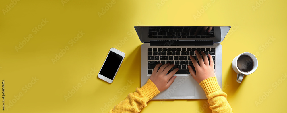 Woman hands using a laptop computer from above - obrazy, fototapety, plakaty 