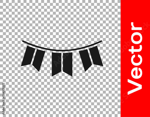 Black Carnival garland with flags icon isolated on transparent background. Party pennants for birthday celebration, festival decoration. Vector.