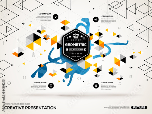 3D abstract background with paint stain and geometric pentagone shapes. Vector design layout for business presentations, flyers, posters. Scientific future technology background. Geometry polygon.