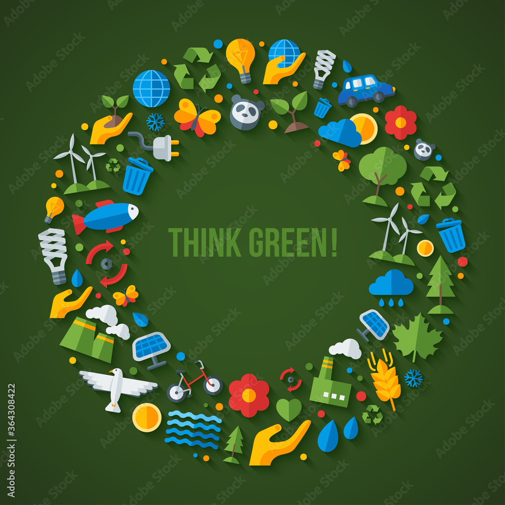 Fototapeta premium Ecology flat icons arranged in circle frame. Vector illustration. Hand with sprout, hand with water drop. Solar energy sign, wind energy sign, wild animals. Save the planet concept.