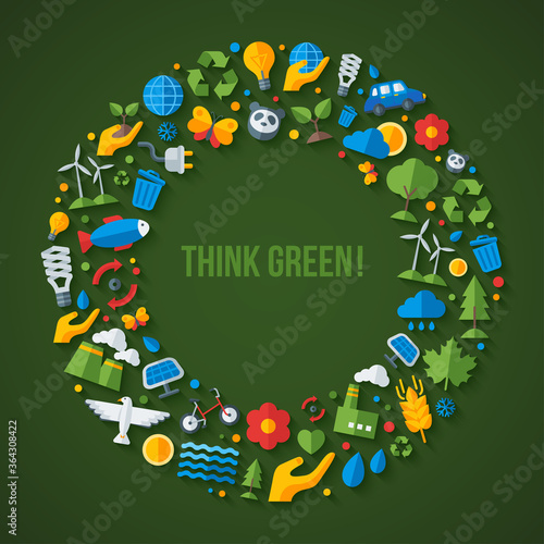 Ecology flat icons arranged in circle frame. Vector illustration. Hand with sprout, hand with water drop. Solar energy sign, wind energy sign, wild animals. Save the planet concept.