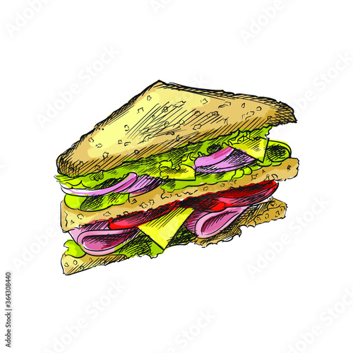 Colorful watercolor Hand-drawn sketch of Junk food and snacks (Fast food).  Club sandwich with cheese, bread, ham, salad leaves and tomato
