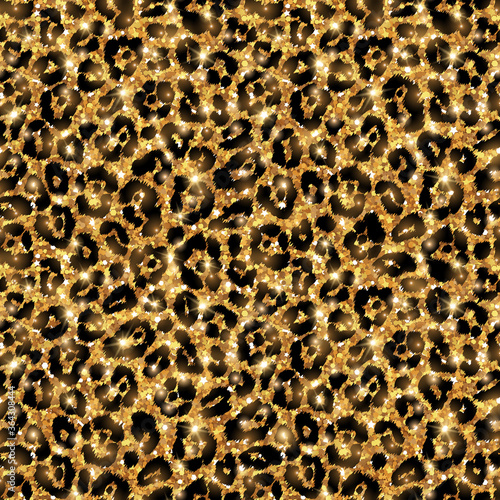 Seamless gold leopard pattern. Vector illustration. Shining fashion wild background. Chic animal print, leopard texture. Shining festive backdrop. Creative wild animal tiling.