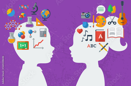 Boy and girl and their favorite subject in school. Vector illustration. Textured wall. Back to school concept art. Sciences and arts. Analytical and creative mind.