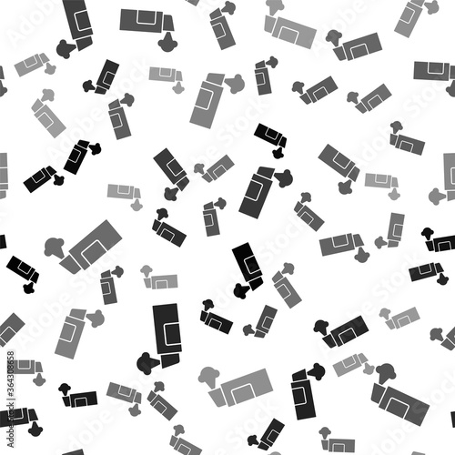 Black Pepper spray icon isolated seamless pattern on white background. OC gas. Capsicum self defense aerosol. Vector.
