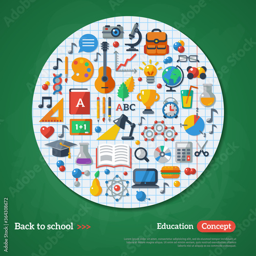 Back to School Frame. Vector Illustration. Flat School Icons on Chalkboard Textured Backdrop with Paper Circle. Education Concept. Arts and Science Sticker.
