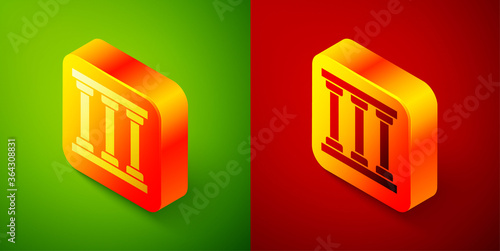 Isometric Prison window icon isolated on green and red background. Square button. Vector.