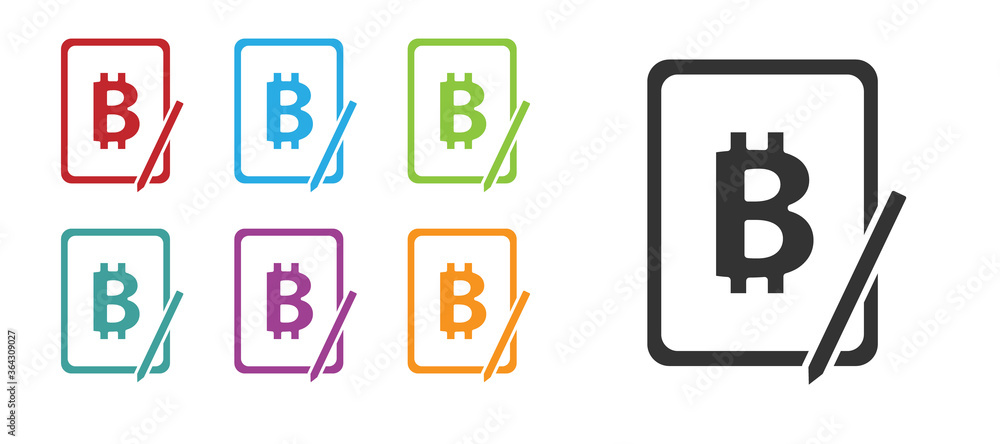 Black Mining bitcoin from graphic tablet icon isolated on white background. Cryptocurrency mining, blockchain technology service. Set icons colorful. Vector. Black Mining bitcoin from graphic tablet icon isolated on white background. Cryptocurrency mining, blockchain technology service. Set icons colorful. Vector.