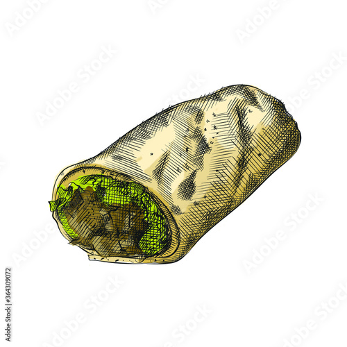 Colorful watercolor Hand-drawn sketch of Junk food and snacks (Fast food). Shawarma, fajitas, burrito
