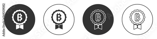 Black Cryptocurrency coin Bitcoin icon isolated on white background. Physical bit coin. Blockchain based secure crypto currency. Circle button. Vector.