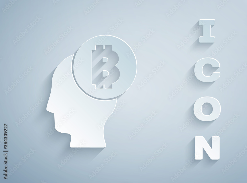 Paper cut Bitcoin think icon isolated on grey background. Cryptocurrency head. Blockchain technology, digital money market, cryptocoin wallet. Paper art style. Vector. Paper cut Bitcoin think icon isolated on grey background. Cryptocurrency head. Blockchain technology, digital money market, cryptocoin wallet. Paper art style. Vector.