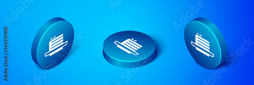 Isometric Medovik icon isolated on blue background. Honey layered cake or russian cake Medovik on plate. Blue circle button. Vector.