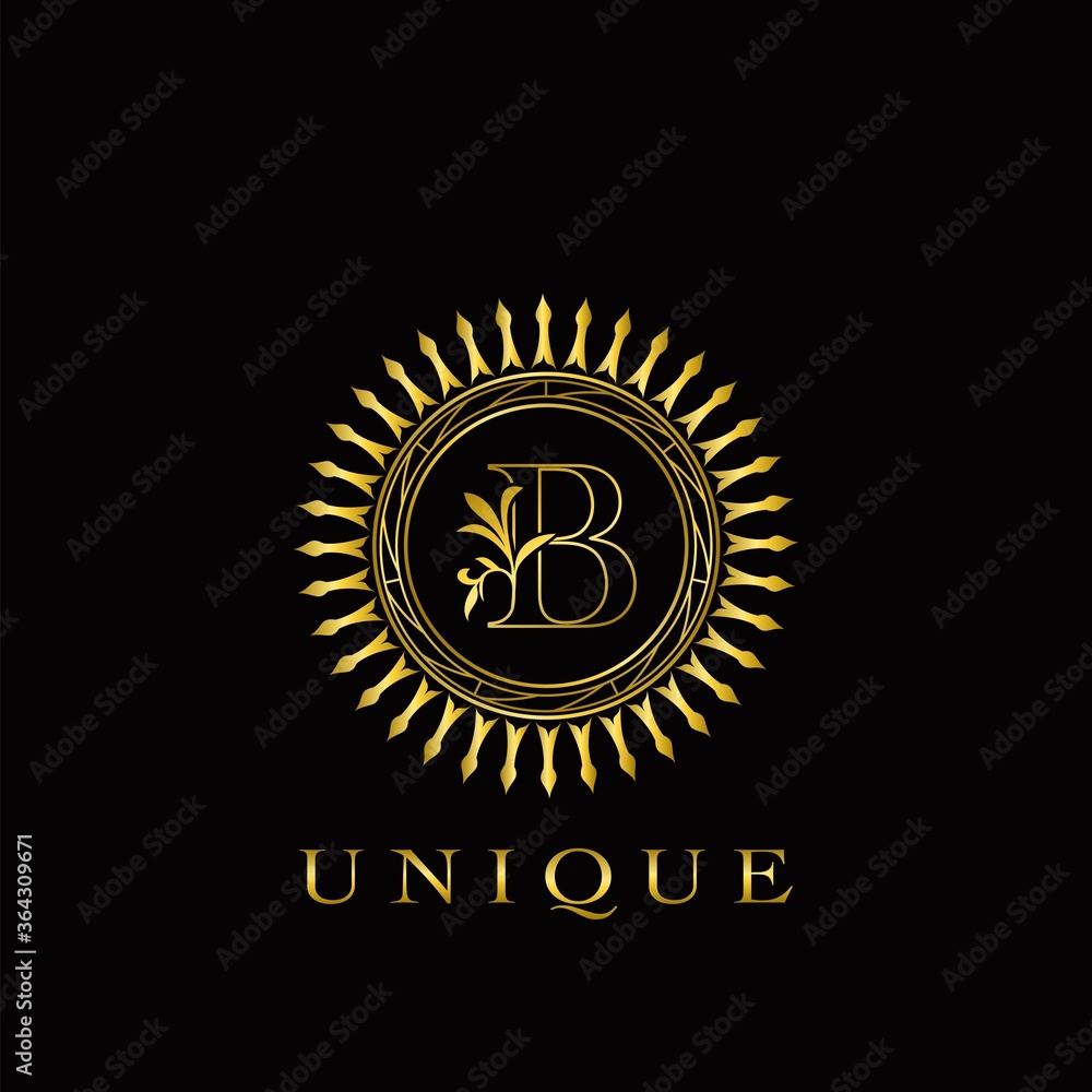 Naklejka premium Golden Circle Deco B Luxury Floral Letter Logo Design. Monogram unique emblem ornate nature floral leaf with initial letter logo