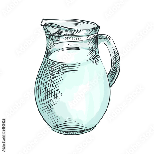 Colorful watercolor Hand-drawn sketch of milk in a jug. Simple jug with milk or water