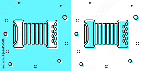 Black line Musical instrument accordion icon isolated on green and white background. Classical bayan, harmonic. Random dynamic shapes. Vector.