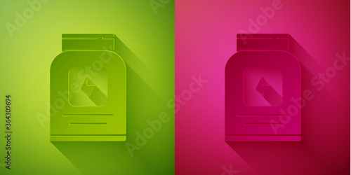 Paper cut Sports nutrition bodybuilding proteine power drink and food icon isolated on green and pink background. Paper art style. Vector.