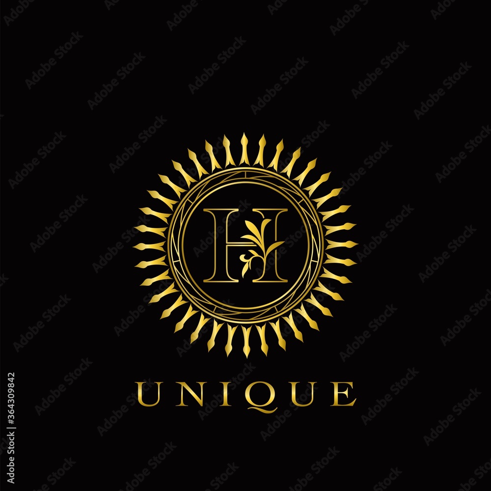 Fototapeta premium Golden Circle Deco H Luxury Floral Letter Logo Design. Monogram unique emblem ornate nature floral leaf with initial letter logo