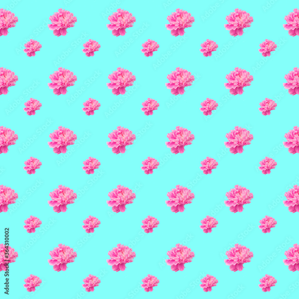 Pink peonies seamless pattern on a blue background.