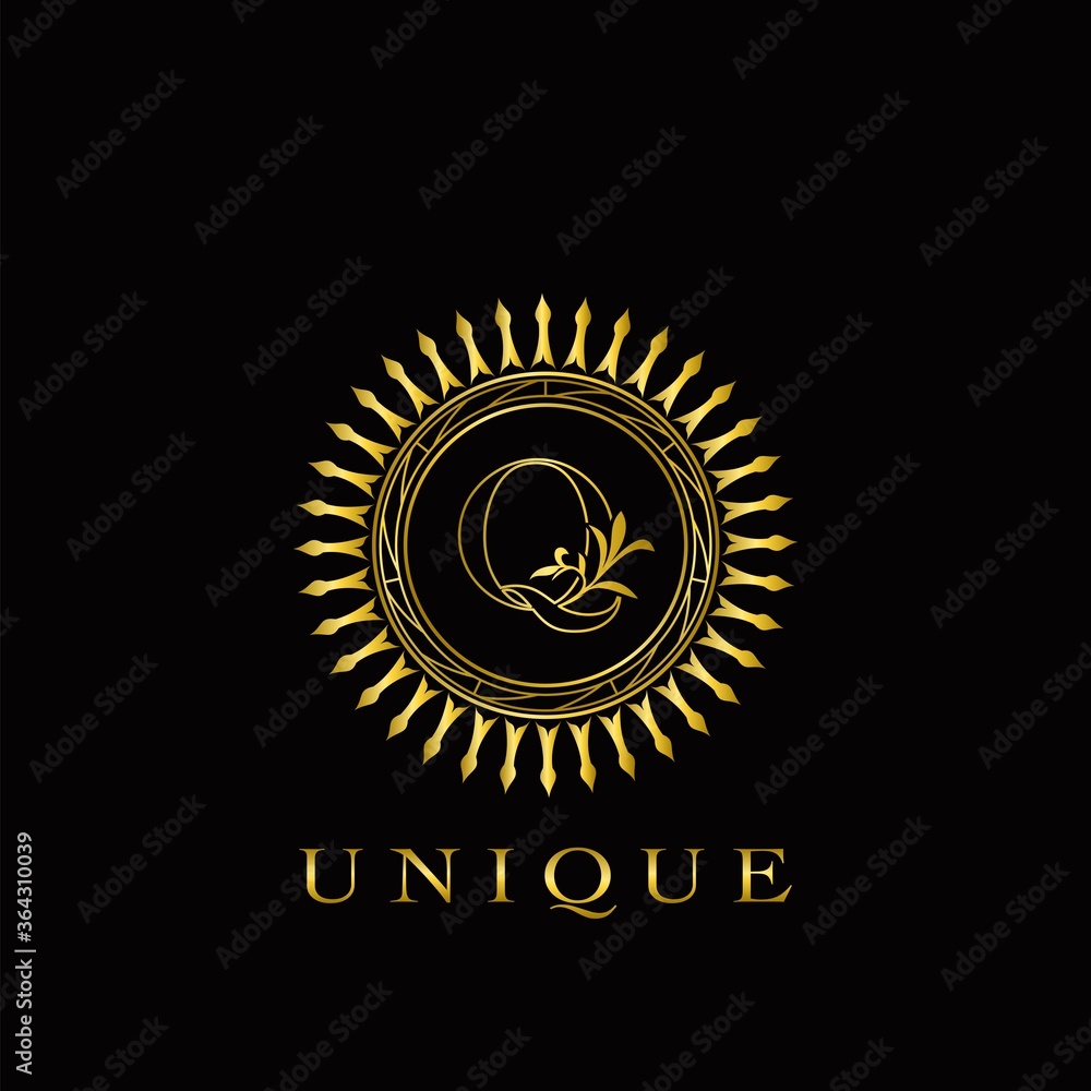 Naklejka premium Golden Circle Deco Q Luxury Floral Letter Logo Design. Monogram unique emblem ornate nature floral leaf with initial letter logo