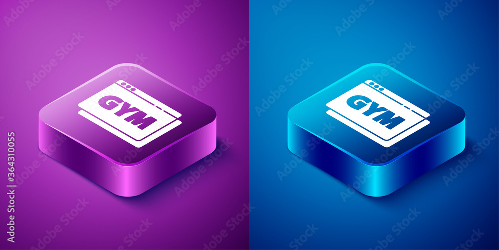 Isometric Online fitness and training icon isolated on blue and purple background. Square button. Vector. Isometric Online fitness and training icon isolated on blue and purple background. Square button. Vector.