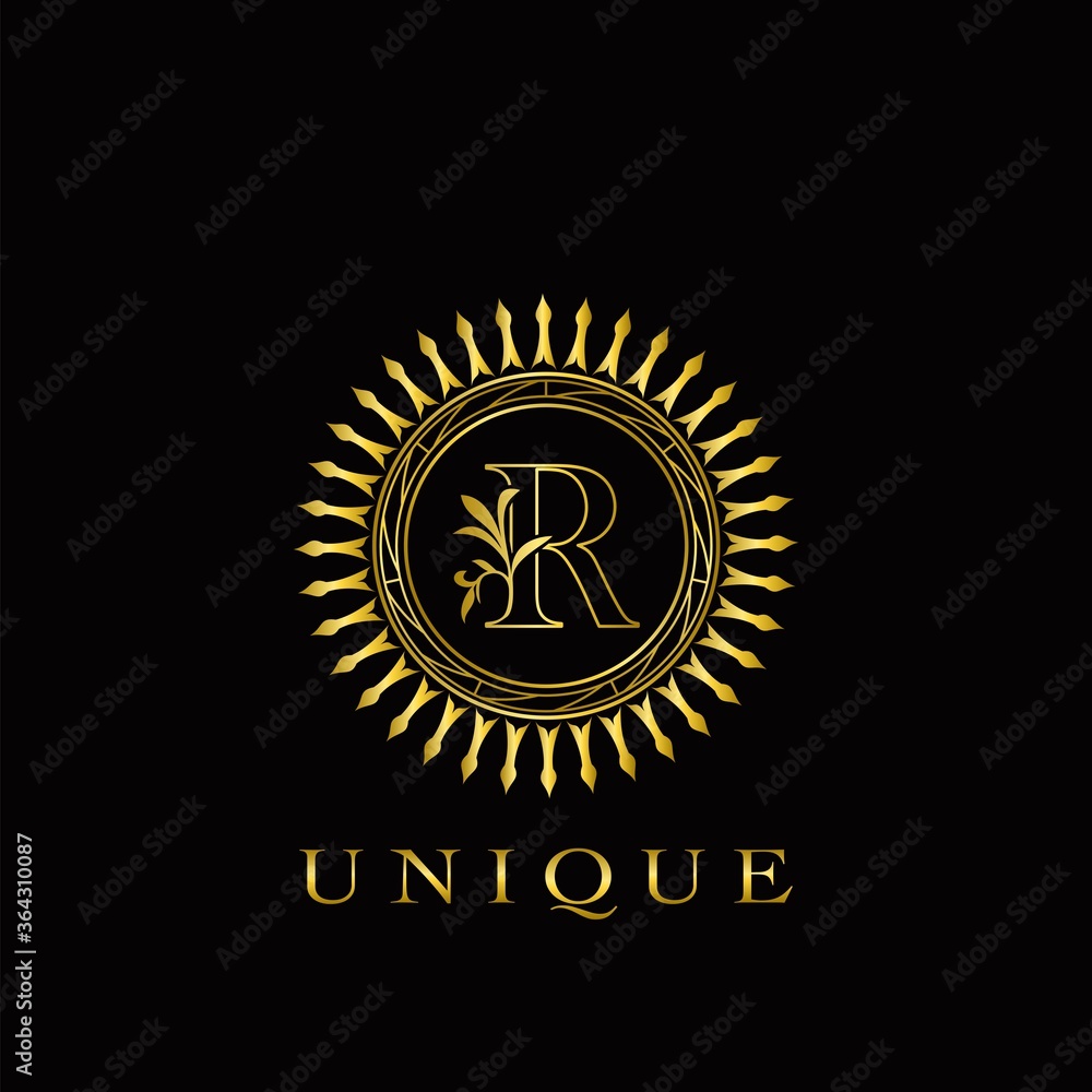 Naklejka premium Golden Circle Deco R Luxury Floral Letter Logo Design. Monogram unique emblem ornate nature floral leaf with initial letter logo