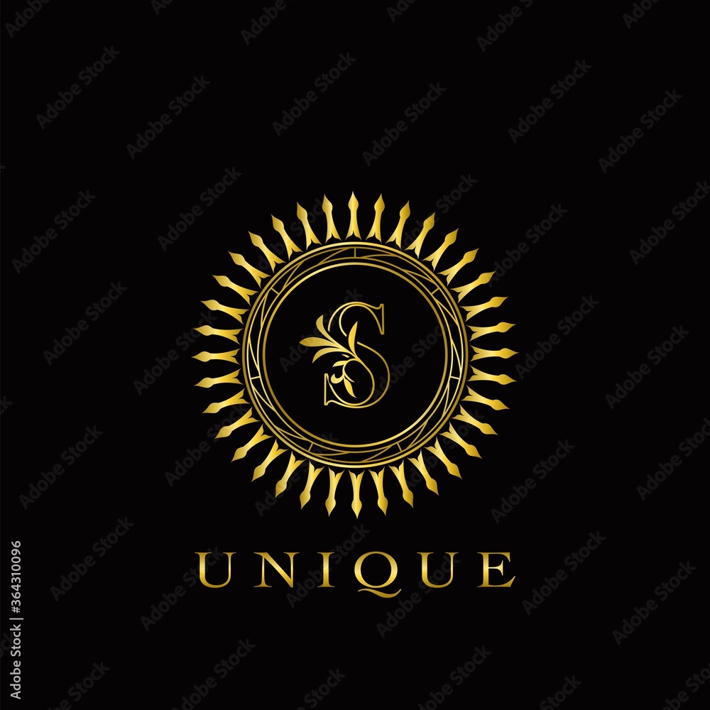 Naklejka premium Golden Circle Deco S Luxury Floral Letter Logo Design. Monogram unique emblem ornate nature floral leaf with initial letter logo