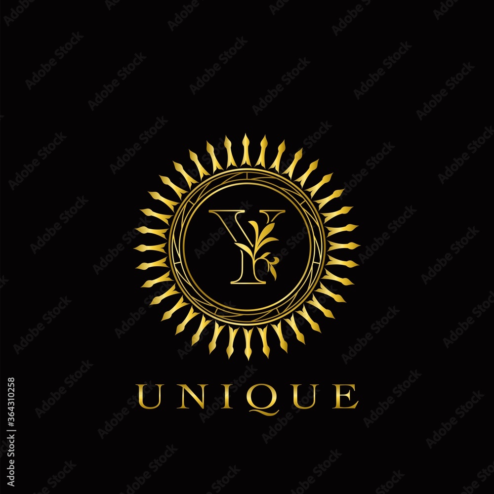 Naklejka premium Golden Circle Deco Y Luxury Floral Letter Logo Design. Monogram unique emblem ornate nature floral leaf with initial letter logo