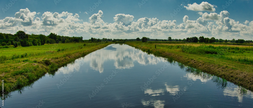 Fototapeta premium MAŁA RZEKA PŁYNĄCA MIĘDZY POLAMI. PANORAMA