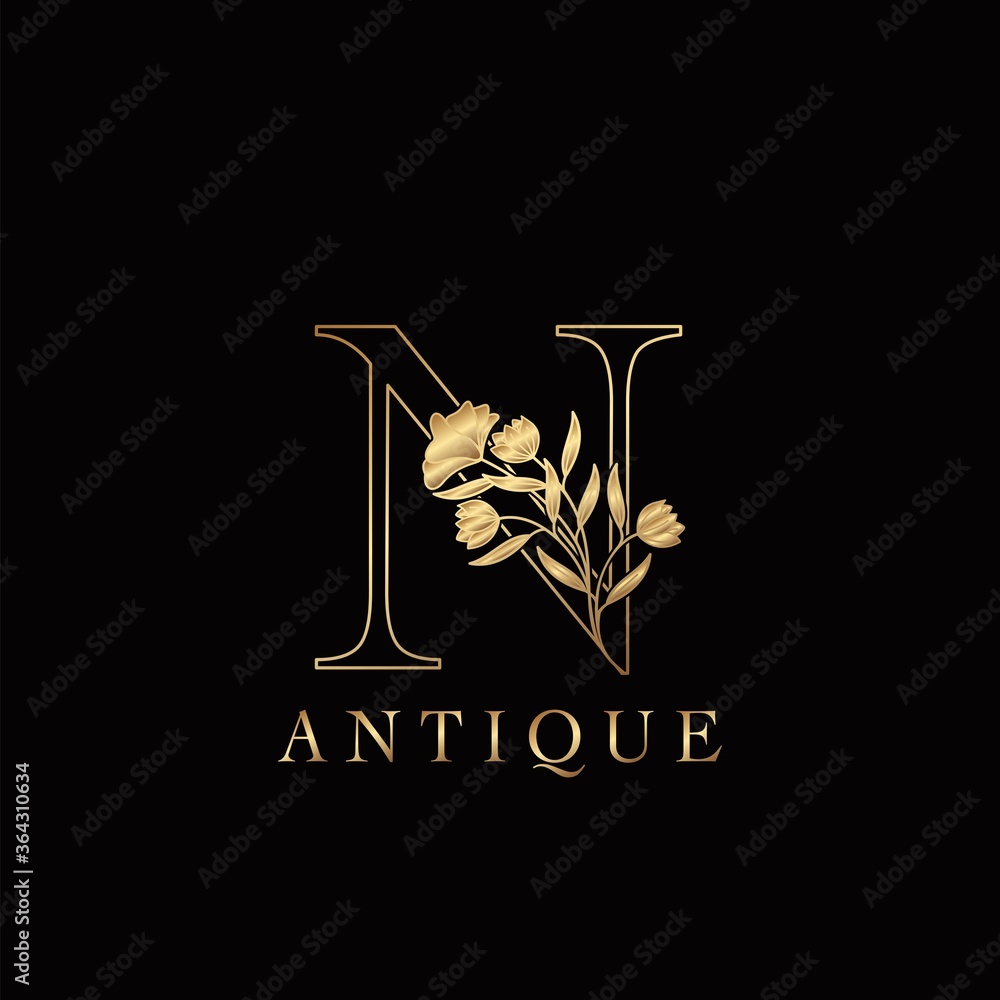 Golden Letter N Luxury Flowers Initial Logo Template Design. Monogram antique ornate nature floral leaf with initial letter logo