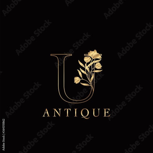 Golden Letter U Luxury Flowers Initial Logo Template Design. Monogram antique ornate nature floral leaf with initial letter logo