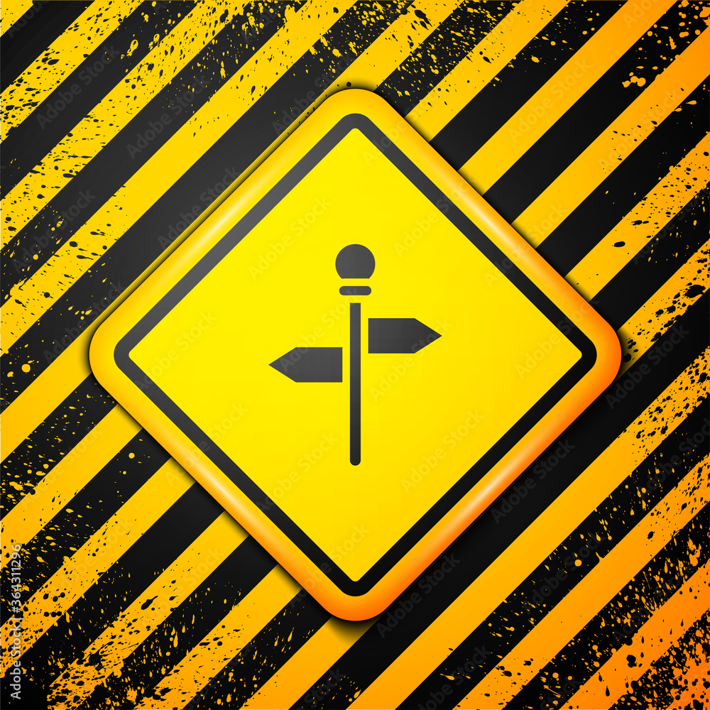 Black Road traffic sign. Signpost icon isolated on yellow background. Pointer symbol. Street information sign. Direction sign. Warning sign. Vector. Black Road traffic sign. Signpost icon isolated on yellow background. Pointer symbol. Street information sign. Direction sign. Warning sign. Vector.