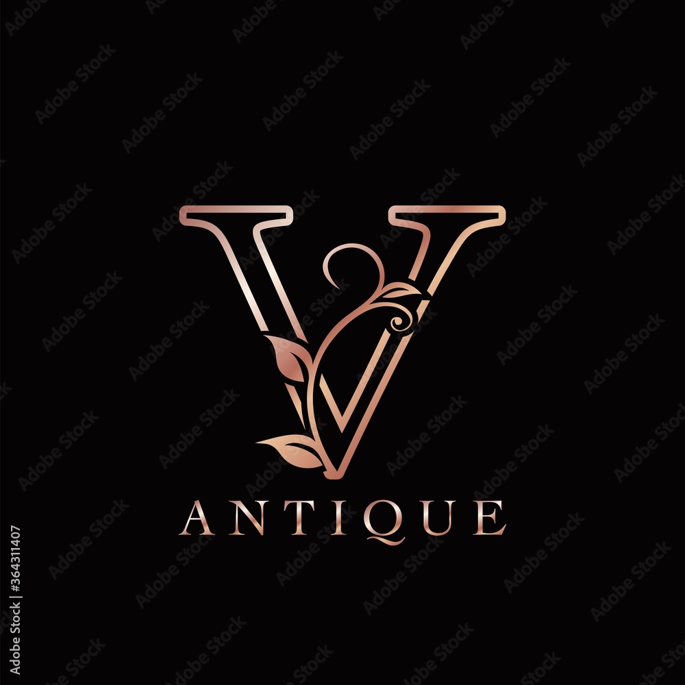 Gold Rose V Luxury Letter Logo Template Design. Monogram antique ornate nature floral leaf with initial letter logo gold rose color