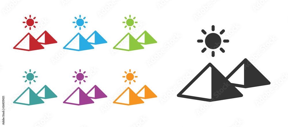 Black Egypt pyramids icon isolated on white background. Symbol of ancient Egypt. Set icons colorful. Vector. Black Egypt pyramids icon isolated on white background. Symbol of ancient Egypt. Set icons colorful. Vector.
