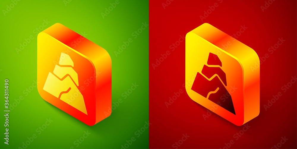 Isometric Rock stones icon isolated on green and red background. Square button. Vector. Isometric Rock stones icon isolated on green and red background. Square button. Vector.