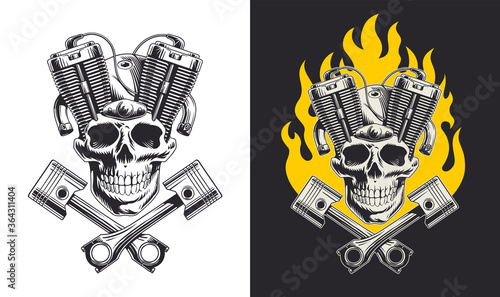Skull with motorcycle engine and pistons. Vector illustration. Idea for tattoo, poster or biker t shirt.