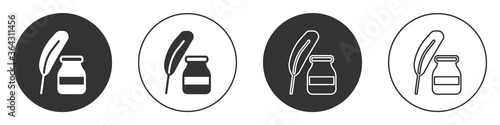 Black Feather and inkwell icon isolated on white background. Circle button. Vector.